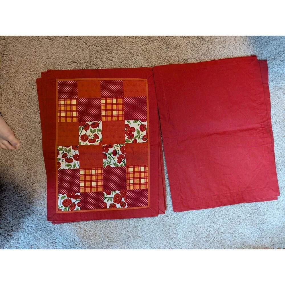 Red Patchwork Quilted Placemats Floral Polka Dot Plaid Set Of 8 14